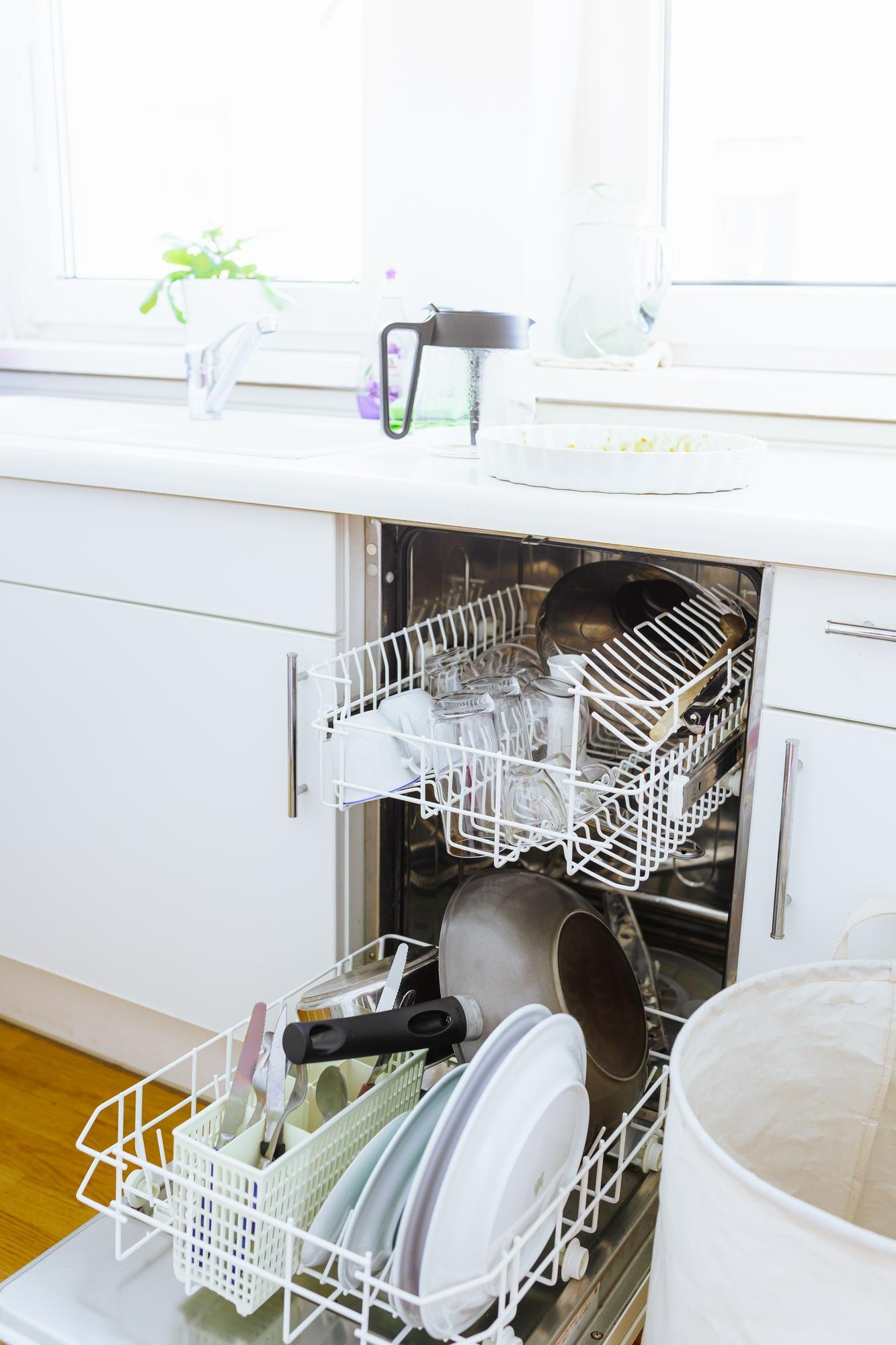 loaded dishwasher in home with dirty dishes preventing leaky dishwashers and water damage